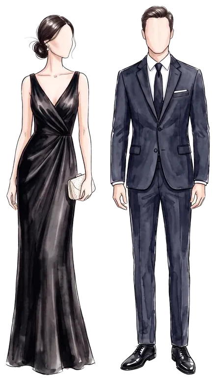 Watercolour of a guest couple: a woman in a long black gown and a man in a dark navy suit